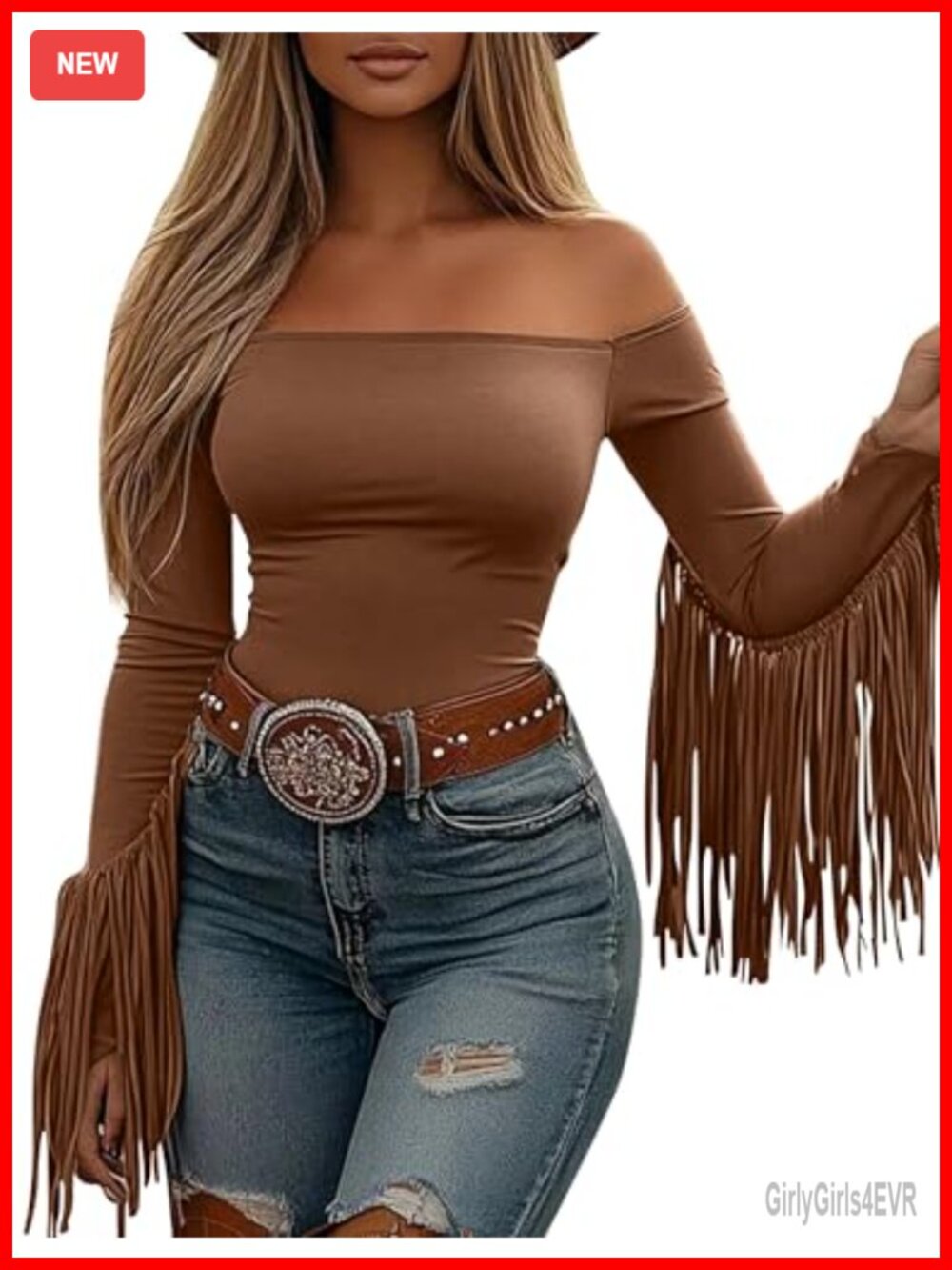 Women's Fringe Off Shoulder Crop Top Western Cowgirl Long Sleeve Blouse